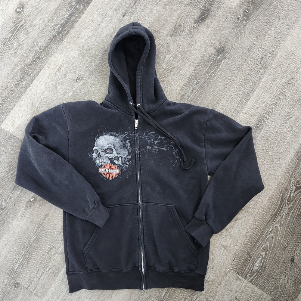 Harley Davidson Las Vegas Nevada Zip Up Hoodie Black Skull Winged Graphic Mens